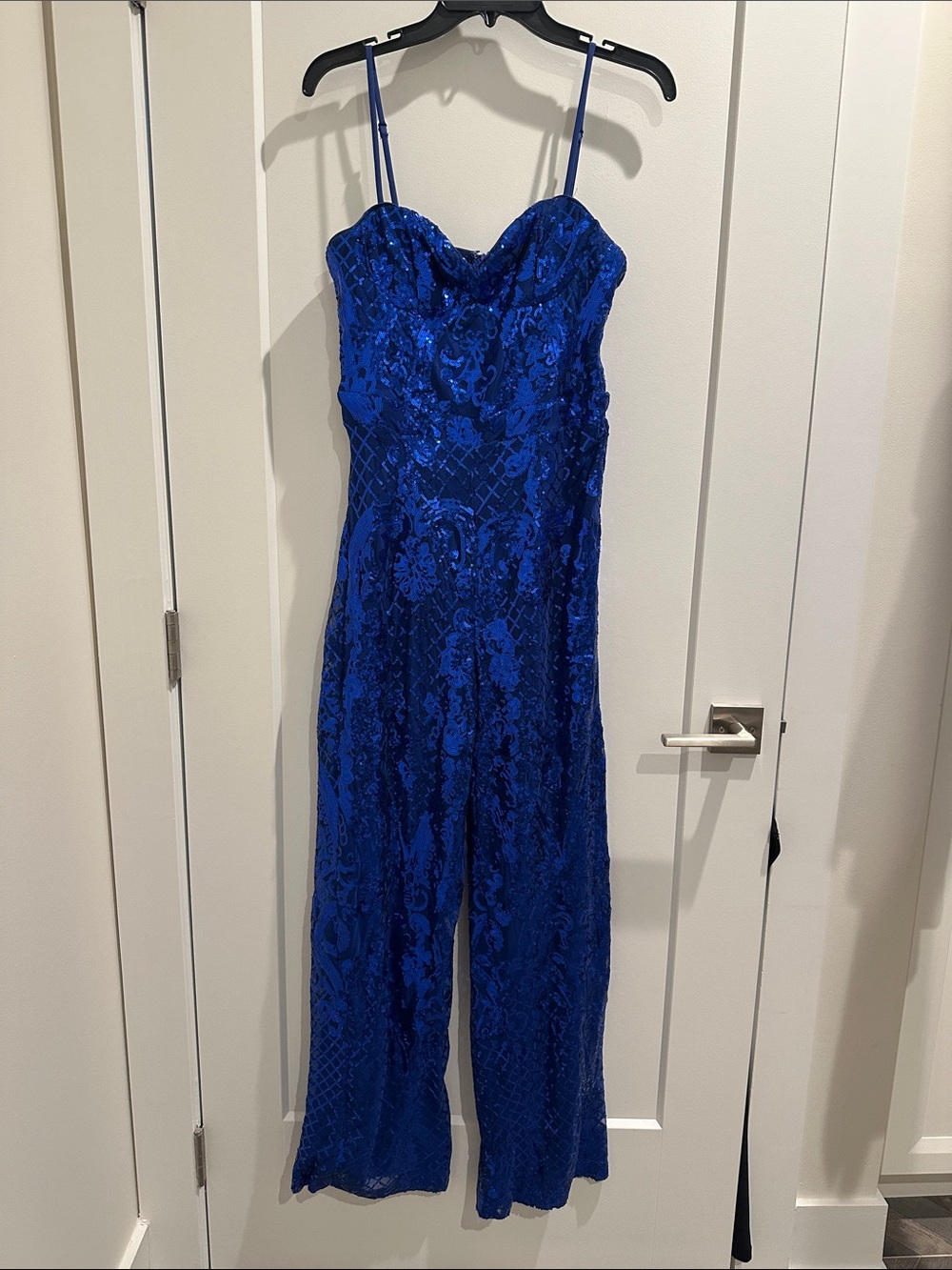 Lulus blue lace sequin overlay Jumpsuit with Spaghetti Straps